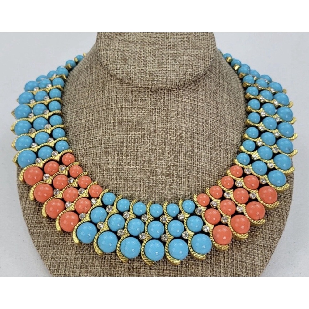 IMAN Colorblock Beaded Statement Collar Necklace Blue Orange Gold Tone NWT